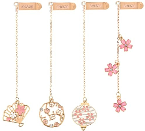 OIGWBPH Lot de 4 pièces marque-pages métalliques en forme de fleur de cerisier avec chaîne - Cadeau pour les amateurs de livres