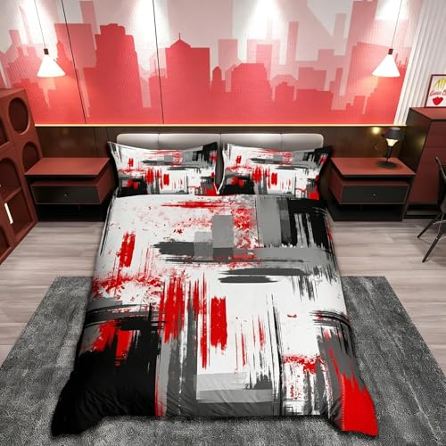 Homemissing Abstrait Housse de Couette 200x200cm Art Abstrait Moderne Parure de Lit Hommes Femmes Enfants Rouge Gris Noir Parure de Lit décoration de Chambre Ensemble de Literie 3 pièces
