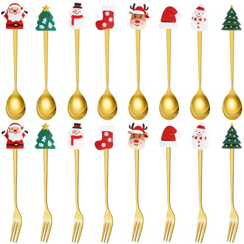 RETON Lot de 16 fourchettes et cuillères de Noël en acier inoxydable - Série créative de Noël - Fourchettes à dessert - Pour la maison, un mariage, une fête, un restaurant (8 fourchettes + 8