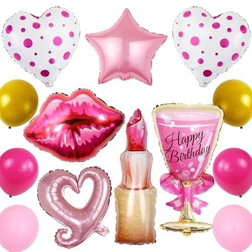 Spa Party Deko Ballons - 13 Stück Pink Fashion Cosmetic Luftballons, Lippenstift, Rote Lippen, Herzen, Sterne, Weinglas Heliumballon für Mädchen Geburtstags, Engagement, Hochzeit, Karneval