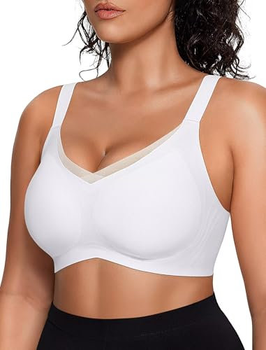 Vertvie Wireless Bras for Women Non Wired Support Mesh Crossover Bra Seamless Push Up Full Coverage V Neck Lace Padded Bralettes Everyday Bra (White,L)