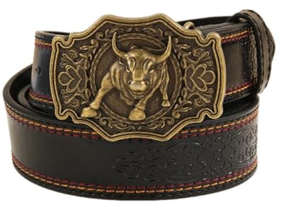 AGUTALITHIC Herren Doppelte Reihe Gesteppter Gürtel Western Cowboy Bull Leder Schnallen Guertel Longhorn Schnalle Mit Blumen Gravur Riemen Für Männer(110cm/43, Black)