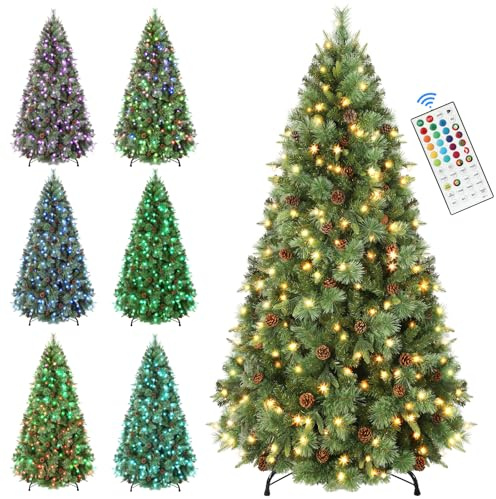SHareconn 7FT Pre Lit Christmas Tree, Xmas Pine Tree with Warm White & Multicolor Lights,Foldable Metal Stand and Multi-Functional Remote Control,Christmas Decorations for Home