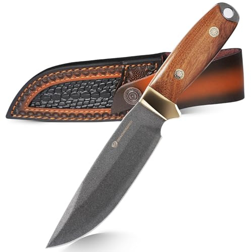 DRACHENADER Coltello da caccia, lama fissa con fodero in pelle, manico in legno, coltello da esterno per campeggio ed escursionismo