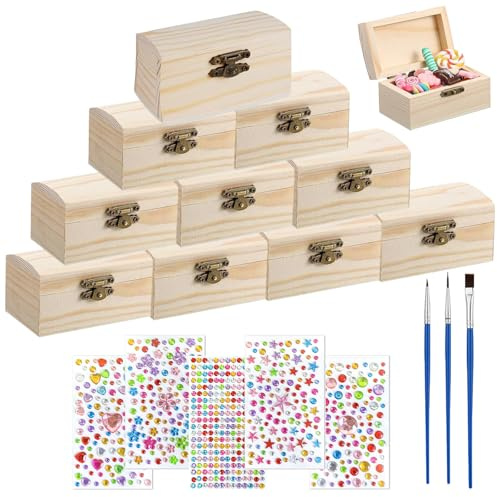 Holzkiste Klein, 10 Stück Schatztruhe aus Holz, Holz Schmuckkästchen, Bastel Set, Rechteckige Holzkiste, mit 5 Diamant Aufklebern, für Malerei, Dekoration, Party und Kunsthandwerk