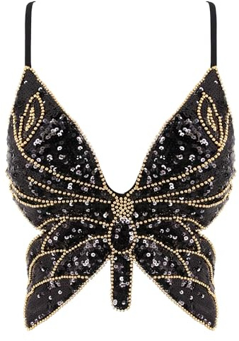 Monanoat Damen Sexy Schmetterlingsform Pailletten Crop Top Bandage Lace Up Tank Top Bauchtanz Top Kostüm Outfits, Schwarz Gold, Einheitsgröße