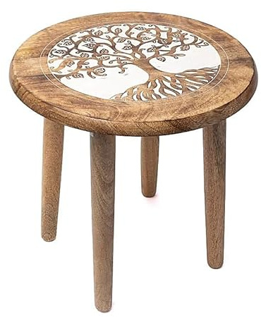 LivuX runde Beistelltisch mt weißem Druck Lebensbaum aus massivem Mangoholz – 30×30×31 cm – Handgefertigter Holztisch für Meditation, Rituale & Deko – Spirituelles Möbelstück im Ethno Stil 1311