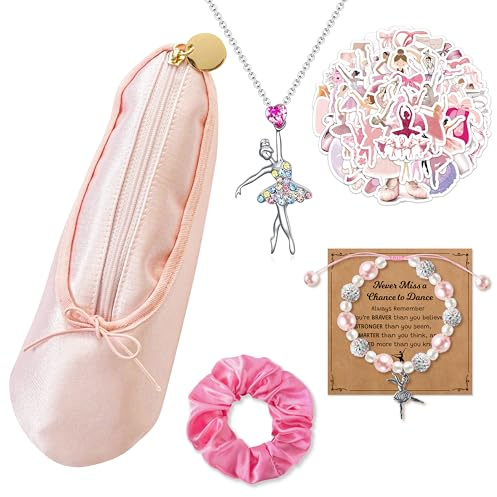 Y1tvei Ballerina Shoe Makeup Bag Set - 66Pcs Ballet Dancing Girls Satin Cosmetic Pouch Dance Stickers Sparkly Pink Ballerina Bracelet Necklace with Card Hairband, Ballet Dancer Gifts for Dance Recital