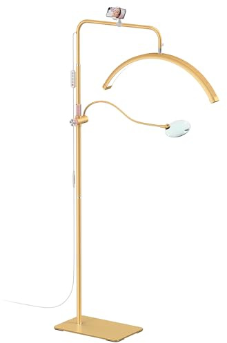 AURELLE Half Moon Lash Light - Adjustable LED Floor Lash Lamp with 4X Magnifier & Phone Holder for Eyelash Extensions,Nail Art,Tattoo,Skincare,Salon SPA-Dimmable Brightness,Rotating Head, Gold