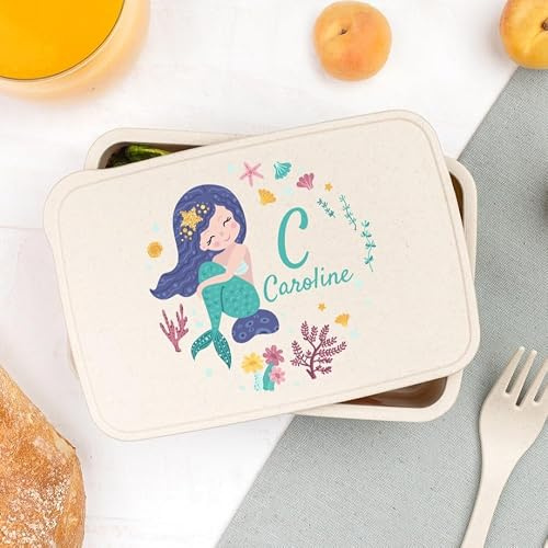 Wanapix | Fiambrera Infantil Personalizada | Caja Merienda con Nombre y Foto | Colegio/Guardería | Fiambrera para Niños | Con Cubiertos | Sin BPA | 700ml | Sirenas
