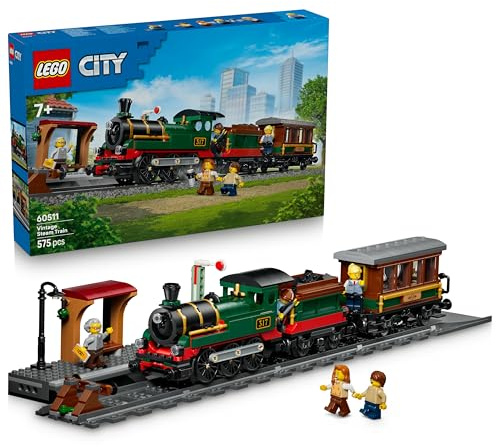 LEGO City Treno a Vapore Vintage Giocattolo - Kit di Modellismo STEM con Stazione, Binari, Cabina di Comando, Segnale di Stop e 5 Minifigure - Regalo di Compleanno per Bambini da 7 Anni in su - 60511