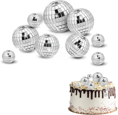 Yuwnd 9 Stück Discokugel Deko, Silber Discokugel Klein, Cake Toppers, Spiegelkugel Discokugeln für Kuchendekoration Weihnachtsbaum Hochzeit Geburtstagsfeier Dekoration Lichteffekt