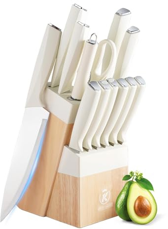 AVEKI Kitchen Knife Set, 14PC Knife Set with Block and Sharpener,Stainless Steel Sharp Blade Knives, Non-Stick Coating Cooking Knife Sets with Ergonomic Handle, Chef's Knife for Housewarming (White)