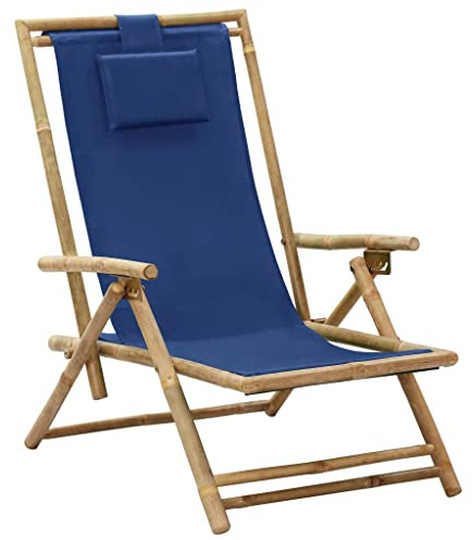 Mokuyary Relaxstol justerbar marinblå bambu och tyg, strandstol med justerbart ryggstöd, trädgårdsstol, solstol för trädgård, balkong, terrass, camping, strand, pool