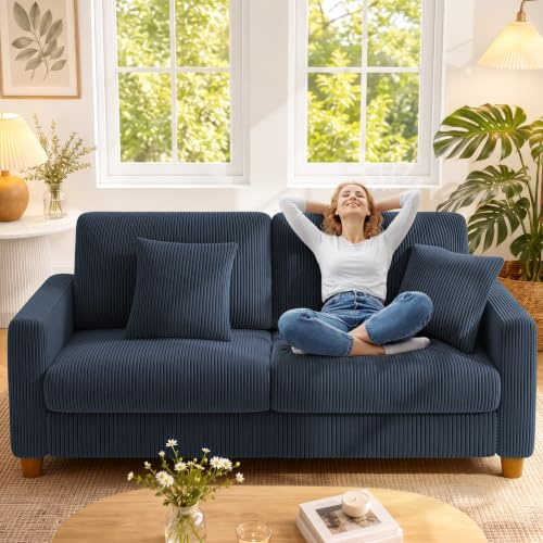 Kidirect Cord Sofa 3 Sitzer, 178CM Bequemes Couch 3 Sitzer, Sofa Wohnzimmer | Big Sofa Couch 53CM Extra Tiefe Sitze, Werkzeugfreie Montage, Modernes Couch fürs Büro, 2 Kissen, Schlafzimmer Sofas Blau