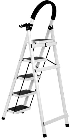Escabeau 5 Marches Pliable en Acier, Charge 150 kg, Marche Pied Antidérapant, Plateforme de Travail, Escabeau avec Main Courante pour Cuisine Atelier Entrepôt-152 x 87 x 39 cm - 5 marches (Blanc)