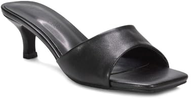 ESSEX GLAM Women's Kitten Heel Sandals Ladies Black Synthetic Leather Slip On Heeled Mule Square Toe Shoes Size 5