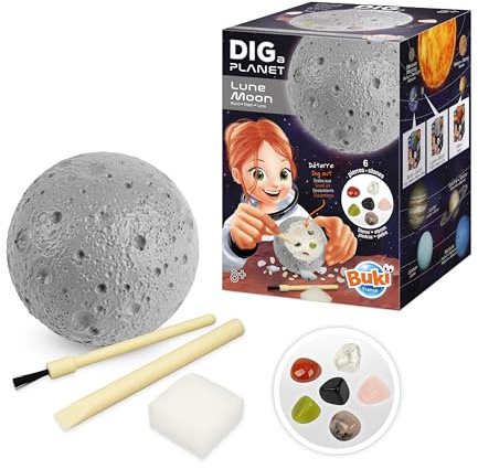 BUKI France Dig a Planet Mond – Graben und Graben 6 echte Steine, darunter Rosenquarz, Obsidian und Karneol – Ausgrabungsset für Kinder ab 8 Jahren – 447