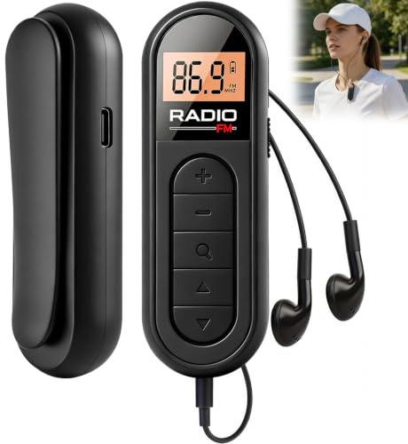 Mini Radio FM Portátil Recargable USB-C con Pantalla LCD y Clip de Bolsillo | Batería de 300 mAh, 30 Presintonías y Auriculares de 3,5 mm, Excelente Recepción para Correr, Caminar, Viajar O Entrenar