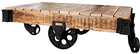 invicta INTERIOR Massiver Design Couchtisch Railway 110 cm Massivholz Teak mit 4 Rädern Holztisch Teakholz Tisch