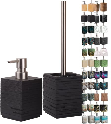 Sanilo Badezimmer Set, Seifenspender und WC Bürste mit Motiv, große Auswahl, Klobürste ohne Bohren, schöne Designs (Calero Schwarz)