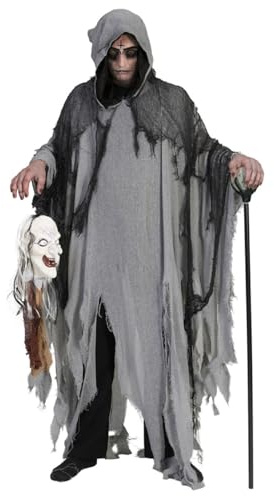 Funny Fashion Halloween Umhang mit Kapuze | Grau - Gruseliges Ghul Tod Zombie Geister Kostüm Robe Cape Gewand Cosplay Fasching Vampir Mittelalter Verkleidung Karneval