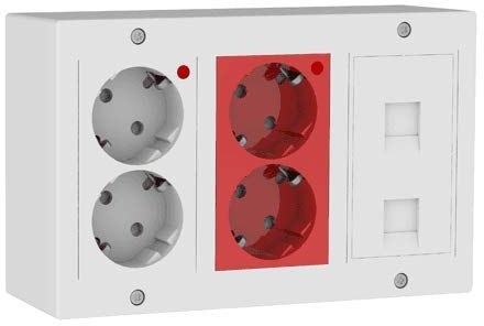 CABLEPELADO Kit puesto trabajo pared superficie | Módulo Doble Schuko Embornado Por Corte-Rápido Con LED, Módulo Doble Schuko Embornado Por Corte-Rápido rojo Con LED, 1 Placa Datos Para 2 Conectores