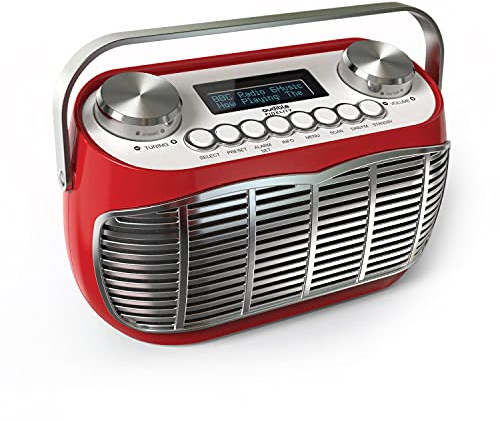 DETROIT DAB Radio Alarm Clock Bedside Mains Powered Or Battery DAB/DAB+/FM Retro Radio With LCD Display Clock Radio (Red)