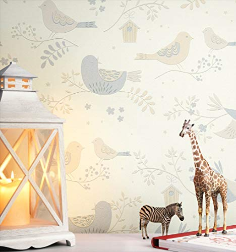 NEWROOM Kindertapete beige Vogel Äste Kinder Papiertapete grau Papier Kindertapete Kinderzimmer Babytapete Babyzimmer