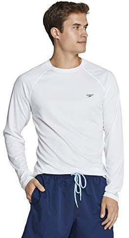 Speedo Men's UV Swim Shirt Easy Long Sleeve Regular Fit, White, Small