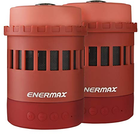 Enermax Pharoslite ROUGE, 2 enceintes Bluetooth sans fil, haut-parleur stéréo HD, LED, basses puissantes, Micro SD, lampe de poche SOS, veilleuse, boussole, tasse, 6 modes RGB, batterie 6h EAS05-RW