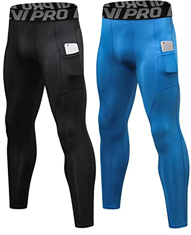 LNJLVI Sport Leggings Hombre Pantalón de Compresión Secado Rápido Pantalones Deporte Mallas con Bolsillos para teléfono (Negro-Azul,XL)