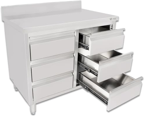Beeketal 'BSS-100A' Gastro Küchenschrank Edelstahl mit Schubladen (B/T/H) ca. 100 x 60 x 95 cm, Schubladenschrank mit 6 Schubladen, Arbeitsfläche mit Aufkantung und fein justierbaren Standfüßen