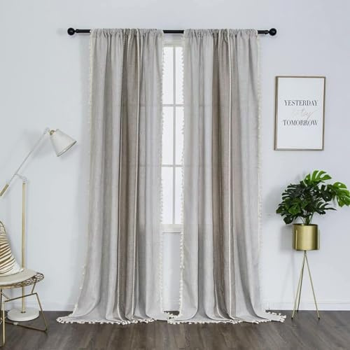 1 Paar Boho-Vorhänge aus Baumwolle und Leinen mit Quaste, gestreifte Semi-Blackout-Bauernhausvorhänge für das Schlafzimmer-Wohnzimmer (Beige und Kaffee, 245 *140 cm)
