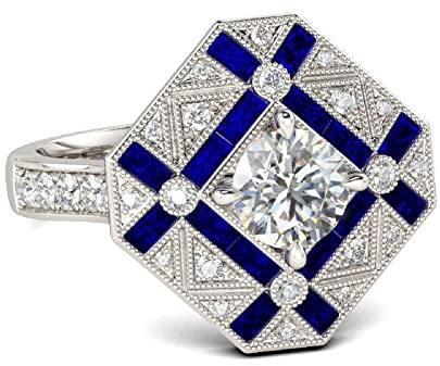 LRGKMCWTOB Antiker Damen-Ring, Silber, Vintage, viktorianischer Jugendstil, Deko, Zirkonia, Saphir, Diamanten, Cocktail-Cluster, quadratischer Schliff, natürlicher Edelstein, Marquiseschliff
