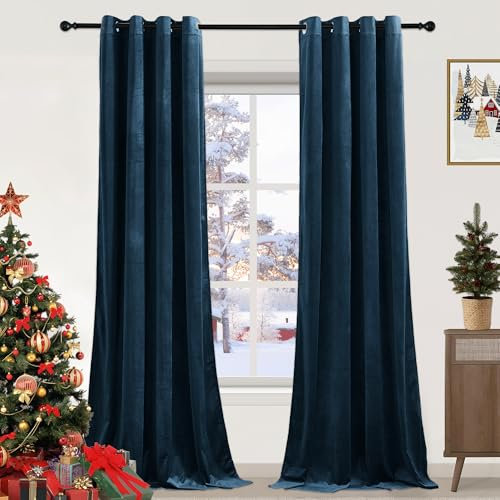PONY DANCE Navy Blue Velvet Curtains - 90 Drop Thermal Blackout Curtains Eyelet Soundproof & Room Darkening Window Treatment for Living Room/Bedroom, 52x90 Inch