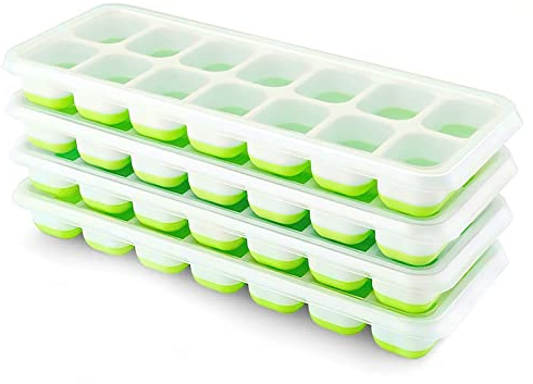 Airabc Juego de 4 bandejas de silicona para cubitos de hielo con tapa, compactas y apilables, con certificación LFGB y sin BPA, bandejas cuadradas fáciles de extraer, color verde