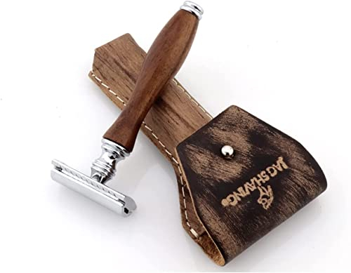 Jag Shaving Rasierhobel – nachhaltiger Rasierhobel aus Holz – zweischneidige Rasierklingen Rasierhobel – Rasierhobel für Damen und Herren – Lederetui – für Rasierhobel – edles Geschenkset