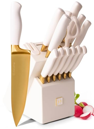 STYLED SETTINGS Juego de cuchillos dorados con bloque autoafilable, juego de 14 cuchillos de cocina dorados y blancos con afilador integrado, acero inoxidable de alto carbono, cuchillas con