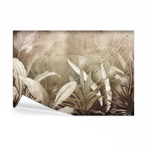 decomonkey Fototapete Pflanzen 300x210 cm Tapete Fototapeten Vlies Tapeten Vliestapete Wandtapete moderne Wand Wandbild Schlafzimmer Wohnzimmer Deko Abstrakt Blätter Laub Steinwand braun beige