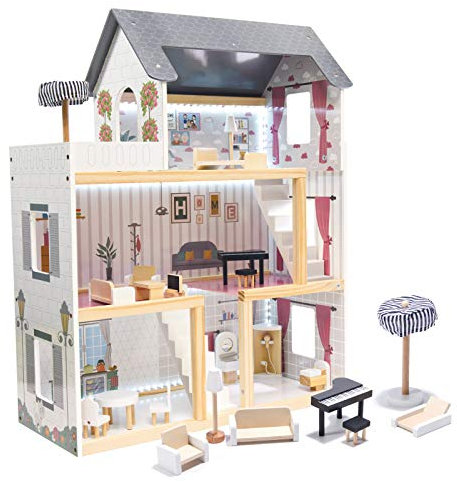 XXL Puppenhaus aus Holz mit LED Beleuchtung | Große Puppenstube mit Möbeln und Zubhör | 3 Etagen + Balkon | Spielset für Kinder Mädchen Jungs | Traumhaus für Puppen | Großes Dollhouse Kit Set