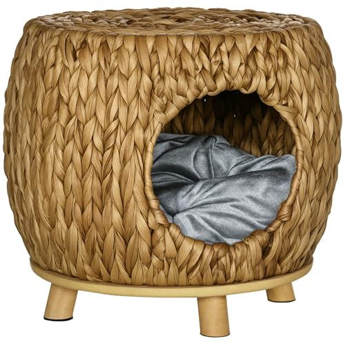 PawHut Wicker Cat House Stool for Rest, Rattan Kitten Bed for Indoor and Outdoor Use, Elevated Pet Bed with Soft Washable Cushion 44 x 43 x 41 cm