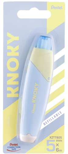 Pentel XZTT805S-WY Knoky korrigeringsband med tryckmekanik, ergonomisk form, påfyllningsbar, längd 6 m, bredd 5 mm, husfärg ljusblå, 1 st i blisterförpackning