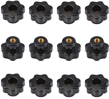 MOROBOR Star Knob M5 Knurled Thread Clamping Knob, 12pcs Black Plastic Through Hole Set Brass Female Threaded Nut, Screw-On Handle Clamping Knob for Mechanical Equipment
