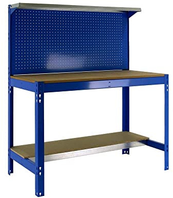 PROREGAL Werkbank Buffalo mit Werkzeugwand und Ablage | HxBxT 84x90x61cm | Traglast 400kg | Blau Werktisch Arbeitstisch Arbeitsbank Werkstattbank