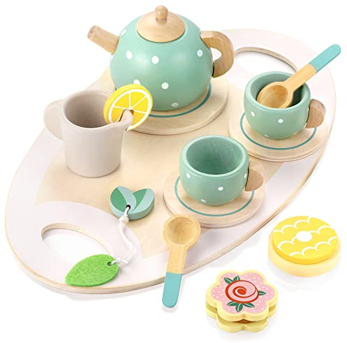 GAGAKU Wooden Tea Set for Toddler,Wooden Toys Toddler Tea Set Play Kitchen Accessories for Kids Pretend Play Food Playset for Kids Tea Party 15Pcs