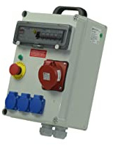 Coffret de chantier triphasé 400 Volts 40A, équipé de 3 prises 10/16A 2 pôles + Terre 230 Volts et 1 prise 32A 3 P+N+T 400V. Alimentation électrique provisoire de chantiers, évènements festifs