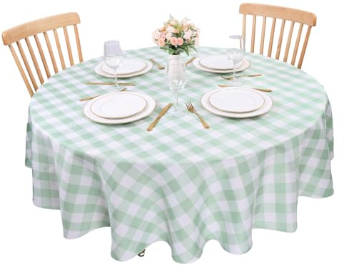 Kesfey Light Green Gingham Round Tablecloths Polyester 60 Inch Checkered Table Cloth Round Tablecloth Spillproof and Wrinkle Free for Outdoor and Indoor Use Plaid Table Cloths Wipe Clean