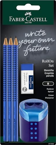 Faber-Castell 217083 – blyertspennor set Grip 2001, med suddgummi, RollOn pennskrin och 3 pennor, skrivset blå