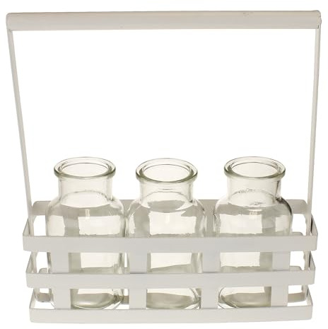 MACOSA HE67694 Glasvasen im Metallgestell Weiß Dekovasen Korb Vasen Glas Blumenvasen im Dekokorb Tischdekoration Tischvasen Vasenkörbchen Vasenkorb